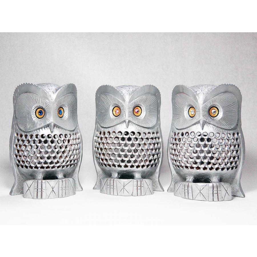 銀色 フクロウ 置物 二重透かし彫り 彫刻 縁起物 : コッキー