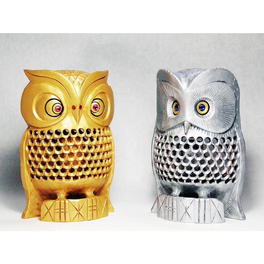 金色 銀色 フクロウ 置物 二重透かし彫り 彫刻 縁起物 桐箱入り