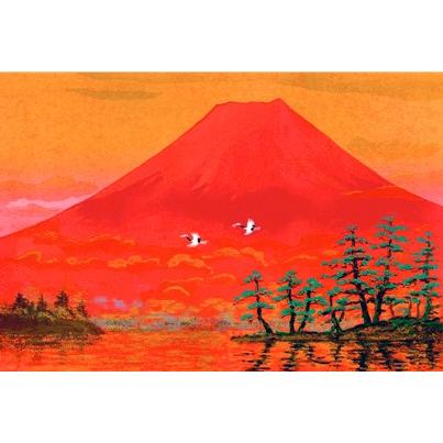 赤富士 版画 額付き インチサイズ 絵画 吉兆赤富士 飛鶴 風水 吉岡