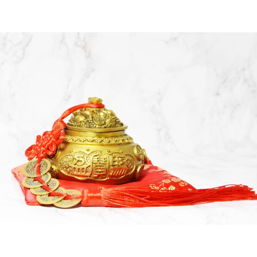 聚宝盆 風水 聚寶盆 黄銅製 宝の山 五帝銭 赤座布団付き 打ち出の