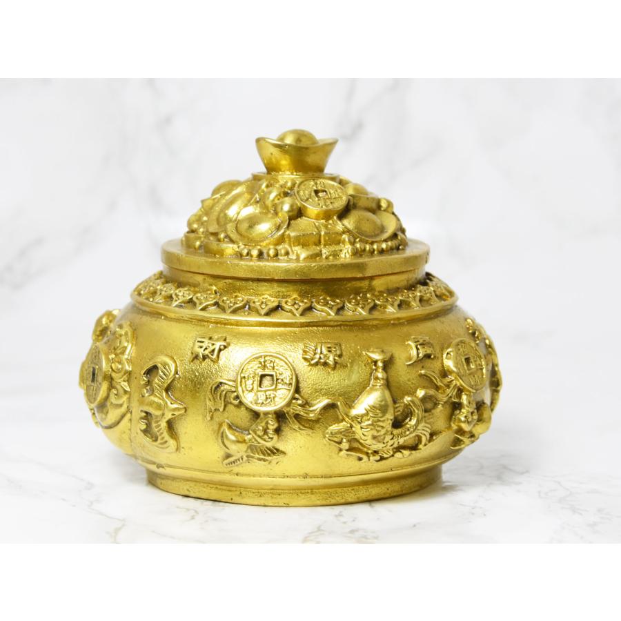 聚宝盆 置物 風水 聚寶盆 黄銅製 宝の山 五帝銭 赤座布団付き