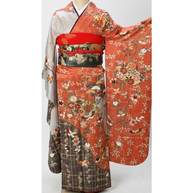 レンタル 衣裳 着物 成人式 振袖 萩橘 華扇子に蝶々レンタル振袖 M寸