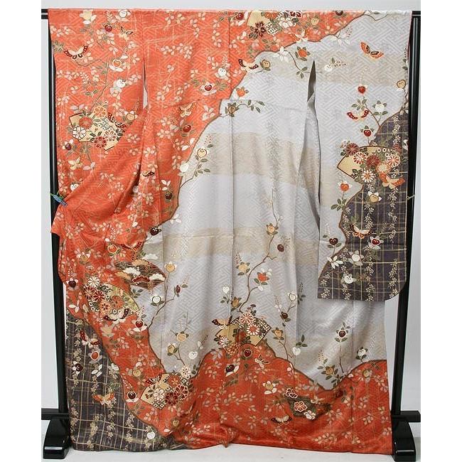 レンタル 衣裳 着物 成人式 振袖 萩橘 華扇子に蝶々レンタル振袖 M寸