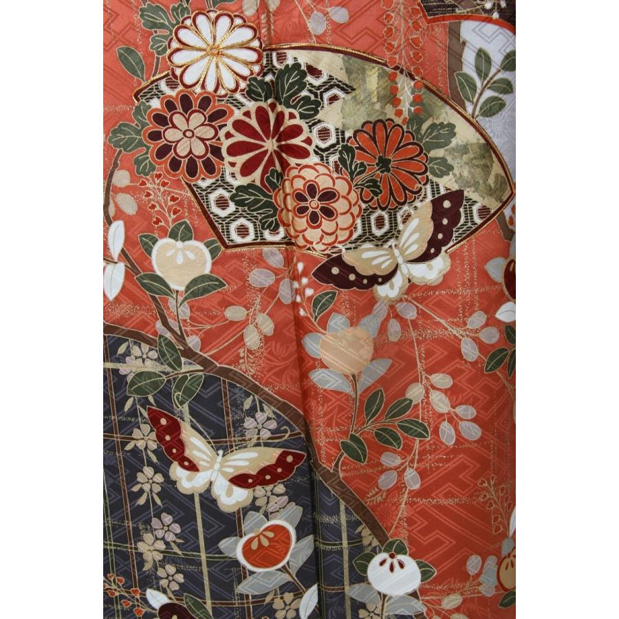 レンタル 衣裳 着物 成人式 振袖 萩橘 華扇子に蝶々レンタル振袖 M寸