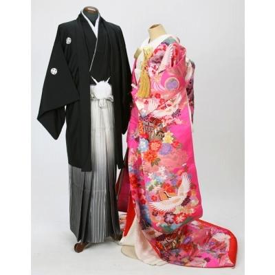 レンタル衣裳・金糸刺繍レンタル色打掛花嫁桃色織物打掛花婿黒紋付き袴一式往復送料無料結婚式 披露宴  神社挙式  花嫁衣裳 貸衣装 綿帽子 紋付き袴