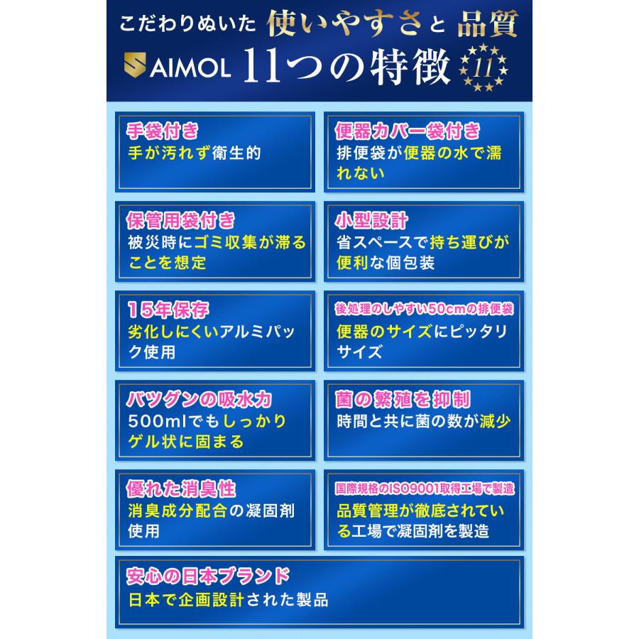 オシャレ 災害用トイレ 簡易トイレ 100回分 介護用トイレ 長期保存 トイレ 凝固剤 防災トイレ 凝固剤 非常用トイレ 携帯トイレ 防災士トイレの備え SAIMOL 爆買 |  | 07