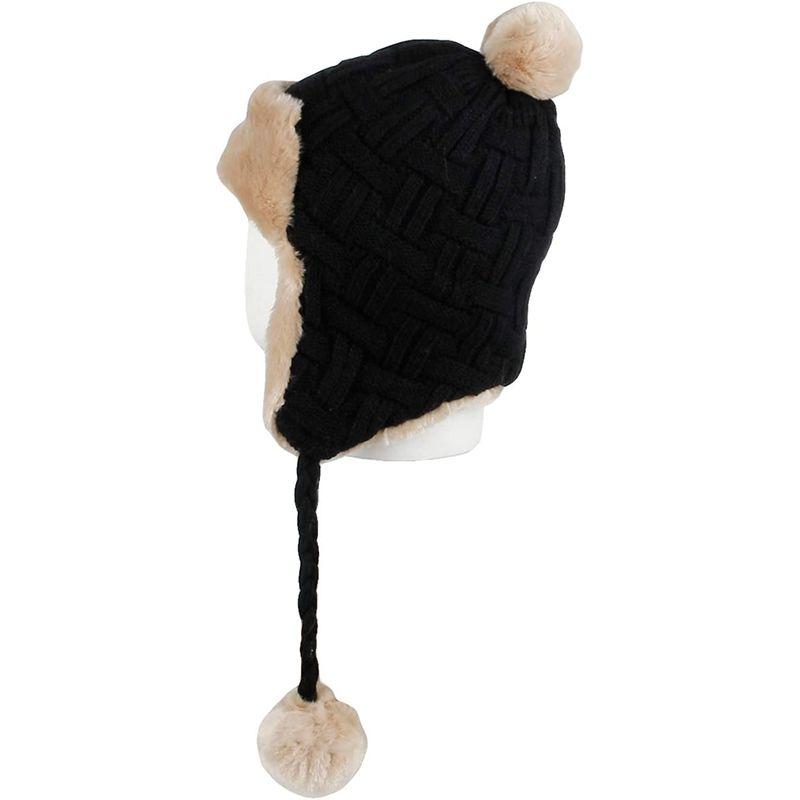 プレゼントを選ぼう！WITHMOONS 帽子 耳あて＆ポンポン付暖かい冬用ニット帽 FZ70022 ファー裏地 織り物風 (Black) ボードセット 