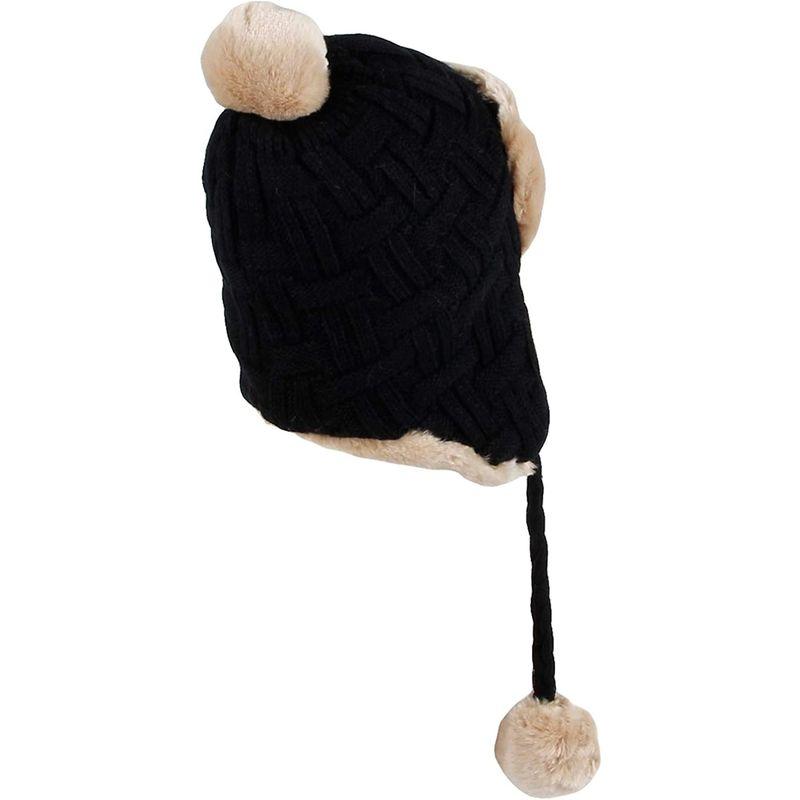 プレゼントを選ぼう！WITHMOONS 帽子 耳あて＆ポンポン付暖かい冬用ニット帽 FZ70022 ファー裏地 織り物風 (Black) ボードセット 