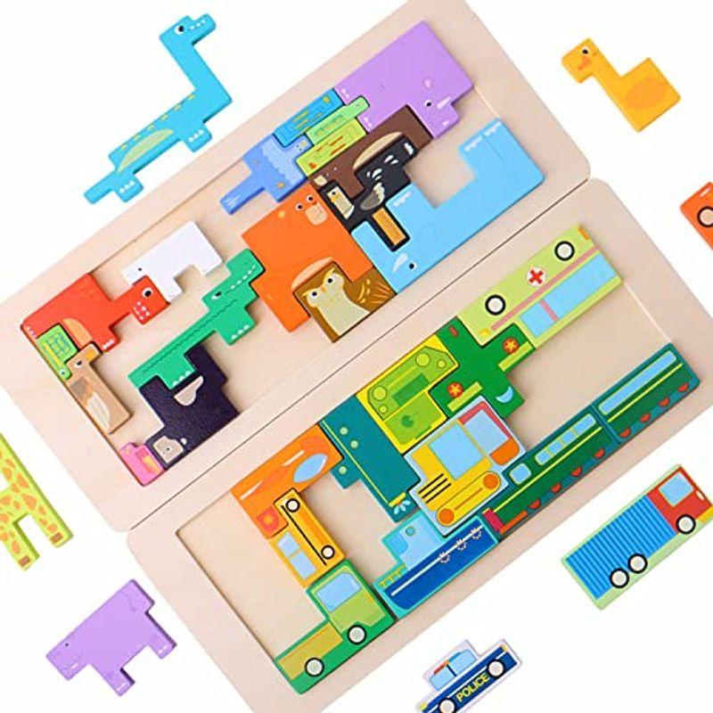 年末のプロモーション大特価！CORPER TOYS 木製パズル 積み上げ バランスゲーム 形合わせ ブロックおもちゃ はめ込むタイプ 乗り物 動物 型はめパズル  パズル パズルゲーム