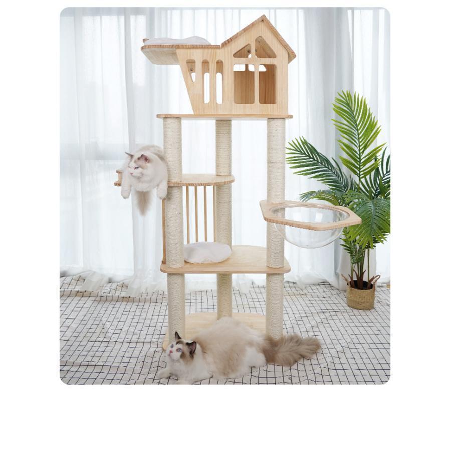 キャットタワー 猫タワー 大型 多頭飼い 猫家族 木登り 爪とぎ スリム 木製 据え置き 猫ランド 運動不足解消 天然サイザル麻紐 登り降りしやすい 