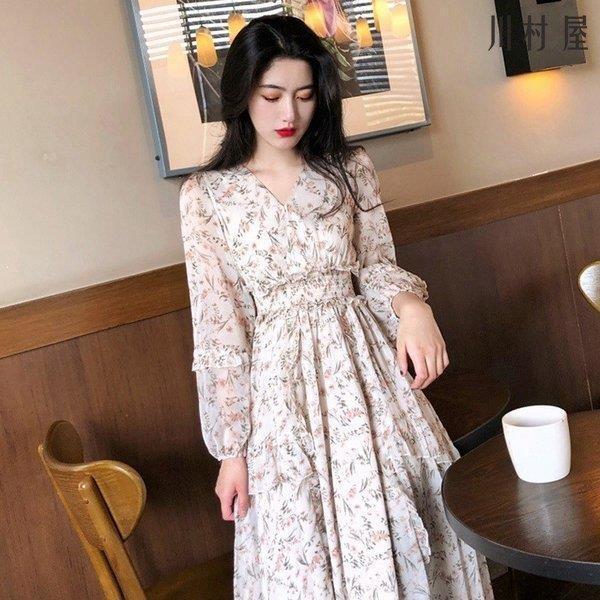 お早め発送 ワンピース 花柄ワンピース レディース 春秋 オシャレ シフォンワンピース ロング丈 長袖 パーティー 二次会 発表会 ゆったり きれいめ Vネック 2色 買い Shirleyryan Ca