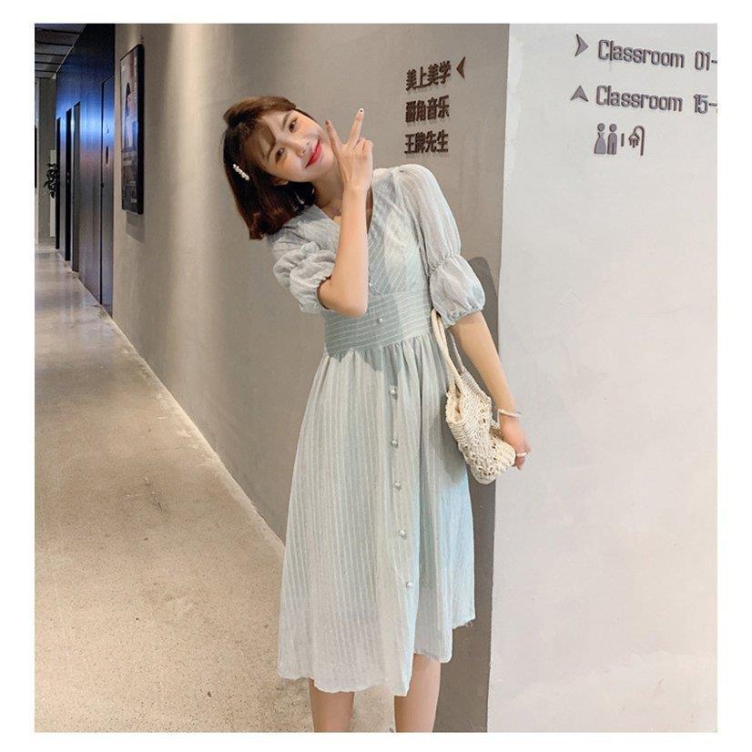 マキシワンピース レデイース 半袖 夏ワンピ ロング丈 Vネック シフォン 着痩せ 大きいサイズ 韓国風 上品 ストライプ きれいめ ゆったり 30代 40代 50代 限定版