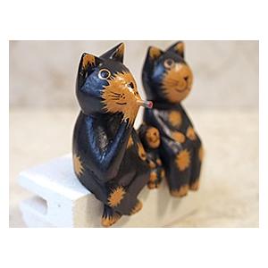 バリネコS(親子)(ブラック) アジアン雑貨 バリ 猫 置物 グッズ 木製