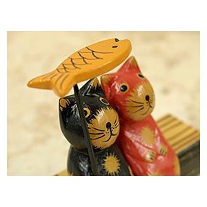 バリネコS(カップル＆魚) 切り株付き アジアン雑貨 バリ 猫 置物