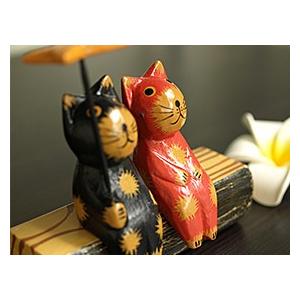 バリネコS(カップル＆魚) 切り株付き アジアン雑貨 バリ 猫 置物