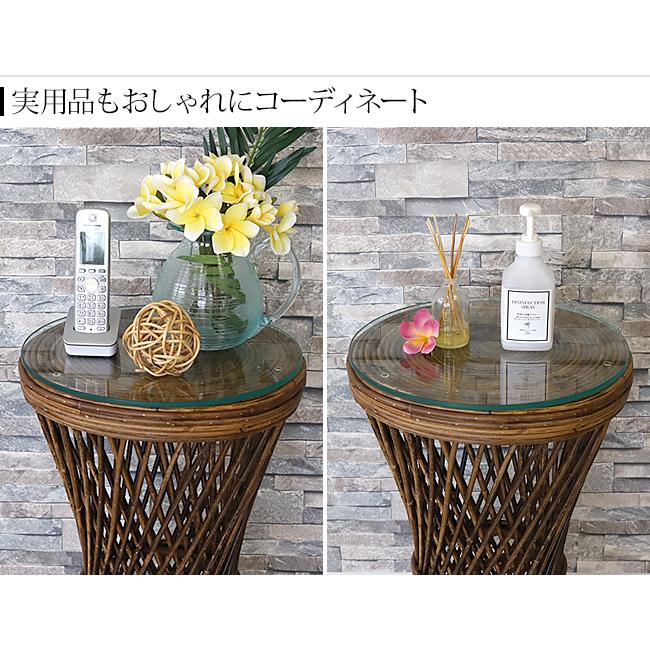 アジアン家具 ラタンのラウンドテーブル※ガラスの天板付き(滑り止め用