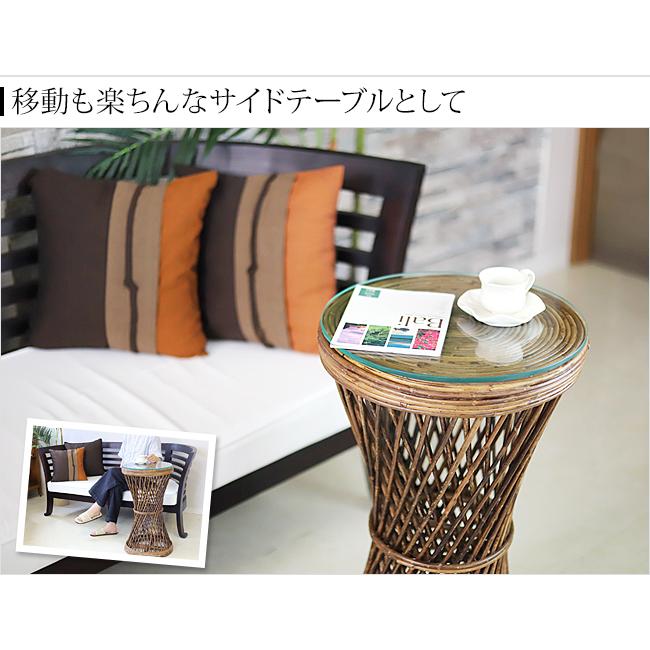 アジアン家具 ラタンのラウンドテーブル※ガラスの天板付き(滑り止め用