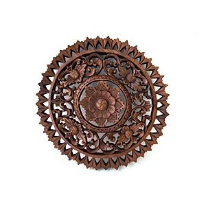 丸形木彫りのレリーフ(お花) 壁掛け 壁飾り アジアン バリ 木製 ウッド