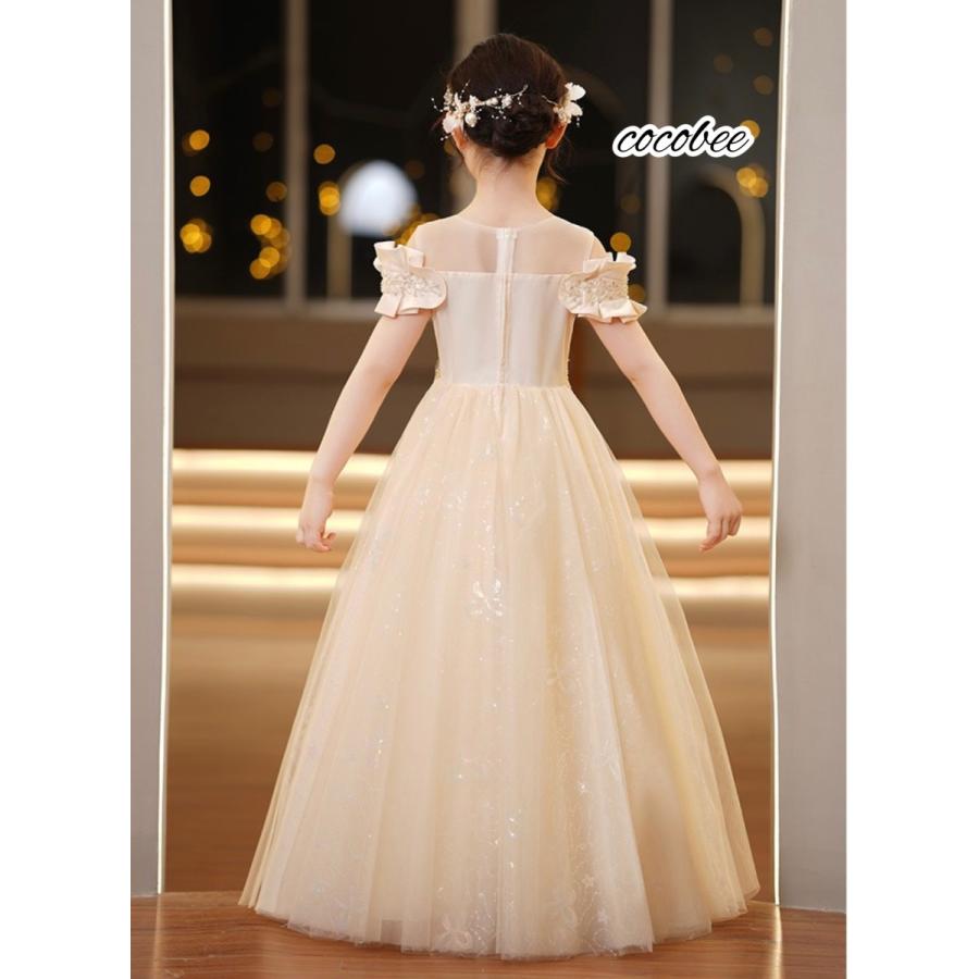 エレガント子供ドレス ピアノ発表会  ジュニアロングドレス コンクール お誕生日 発表会 シャンパンコールドホワイトドレス 120 130 140 150 160 |  | 05
