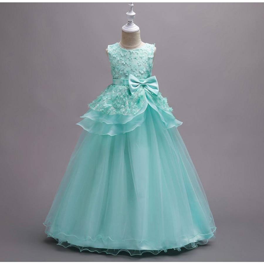 新品子供ドレス キッズドレスロングドレスグリーン／ブルー140/150 子供ドレス ロングドレスミントグリーンブルーキッズドレス 結婚