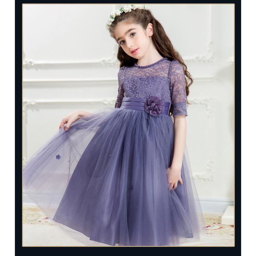 子供ドレス キッズ ワンピース 発表会 ピアノ 結婚式 キッズドレス コンクール 袖あり フォーマル フラワーガール シャンパン パープル 120 130 140 150 160 cm |  | 08
