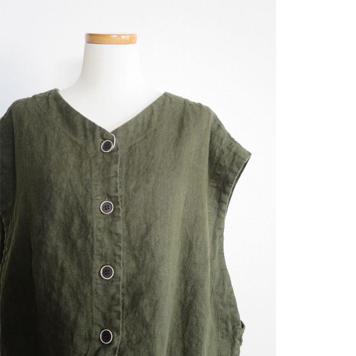 ツムグ　tumugu コットンカツラギ　ベスト　綿麻 Vネック　カーキ tumugu:（ツムグ） | コットンカツラギ ベスト | hapuna&Co.（ハプナ