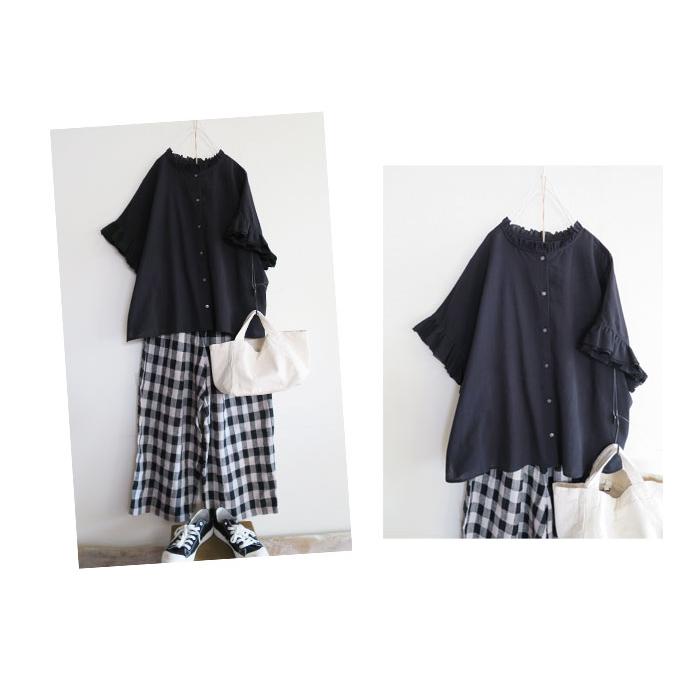 ista-ire イスタイーレ＊新品 ソフトリネン フリルカラーブラウス ista-ire コットンリネンデニムのフリンジブラウス】 やわらかな肌触り