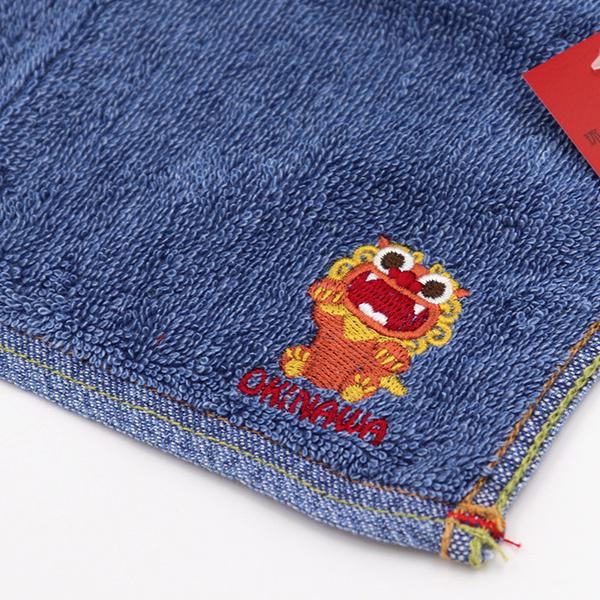 デニムハンカチ シーサー刺繍入 /沖縄お土産 雑貨 （M便） : 沖縄お