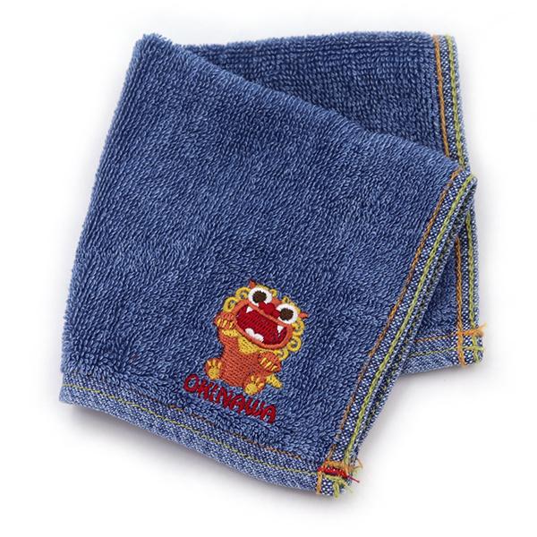 沖縄 ハンカチ 布 デニムハンカチ シーサー刺繍入 /沖縄お土産 雑貨 （M便） : 沖縄お