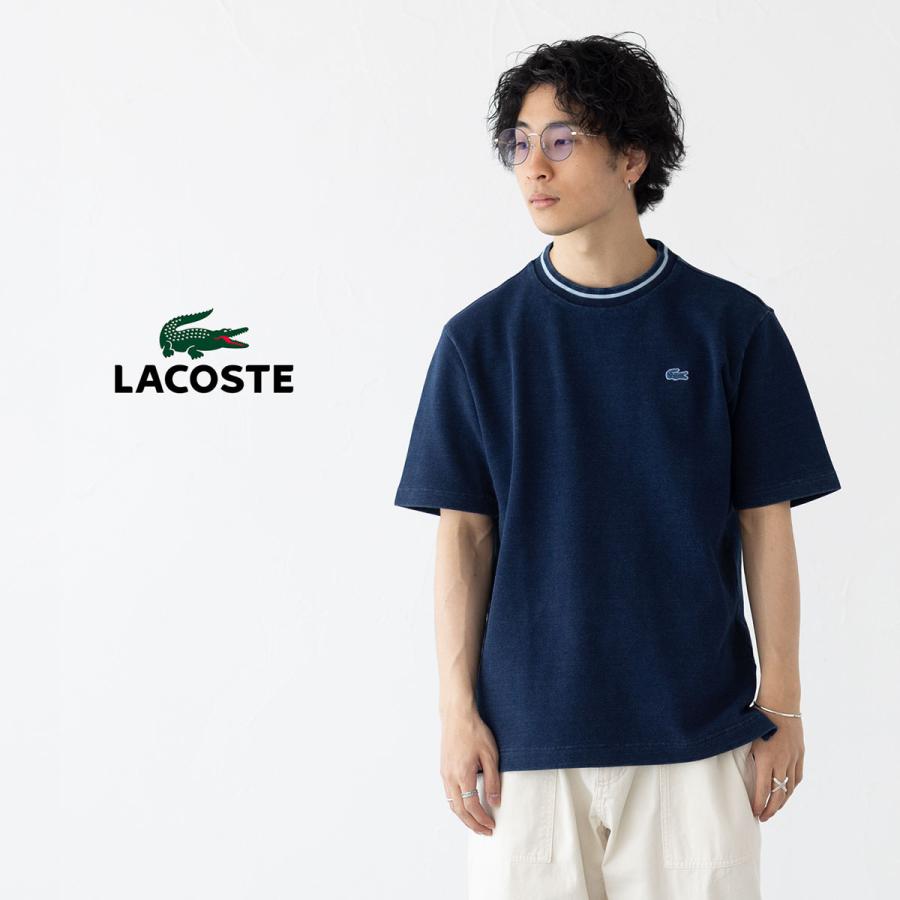 【新品タグ付き】美品★ラコステ　配色リブニットインディゴTシャツ　ライトブルー ラコステ LACOSTE 配色リブニットインディゴTシャツ （ダーク