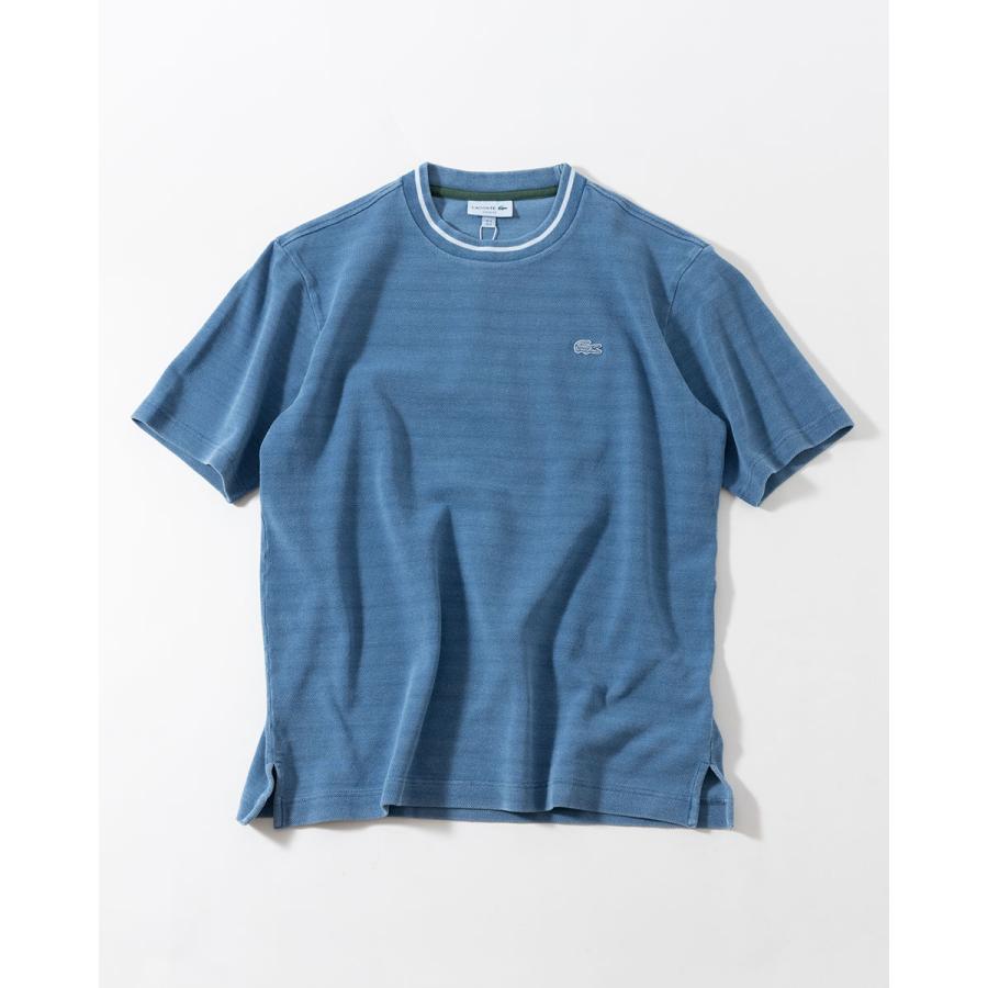 【新品タグ付き】美品★ラコステ　配色リブニットインディゴTシャツ　ライトブルー ラコステ LACOSTE 配色リブニットインディゴTシャツ （ブルー