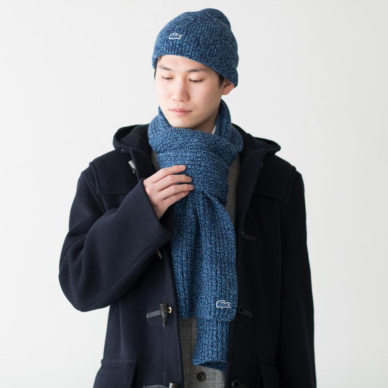 LACOSTE（ラコステ） リブ ヘザー ウール ビーニー＆スカーフ セット
