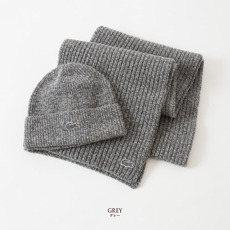 LACOSTE（ラコステ） リブ ヘザー ウール ビーニー＆スカーフ セット