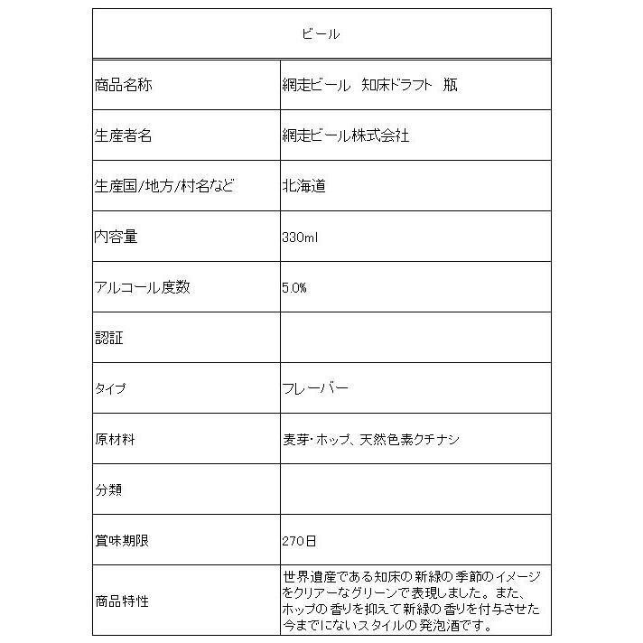 網走ビール 北海道 知床ドラフト 瓶 330ml : ココデカウ - 通販