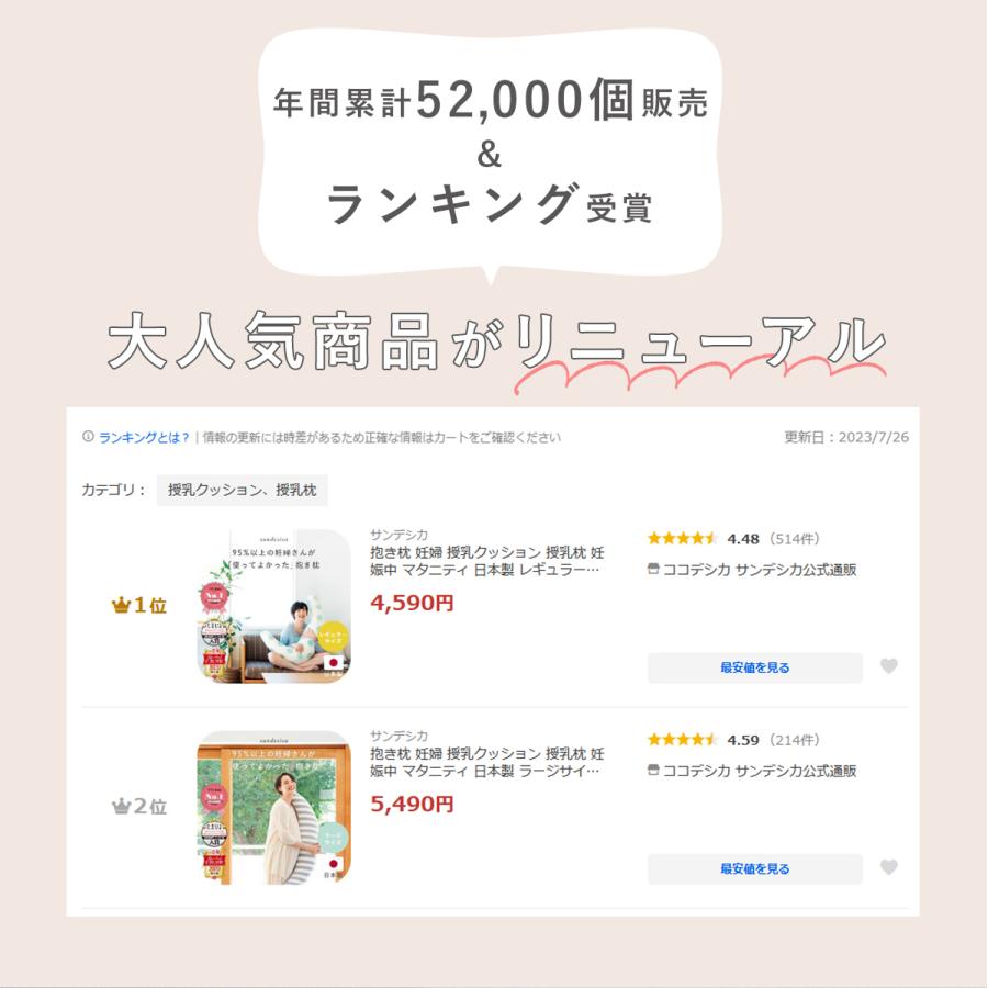 抱き枕 妊婦 授乳クッション 授乳枕 足し綿付き 妊娠 マタニティ 日本製  頭も足も乗せられる エミ(emi) ミドル 洗濯機で洗える カバー サンデシカの画像
