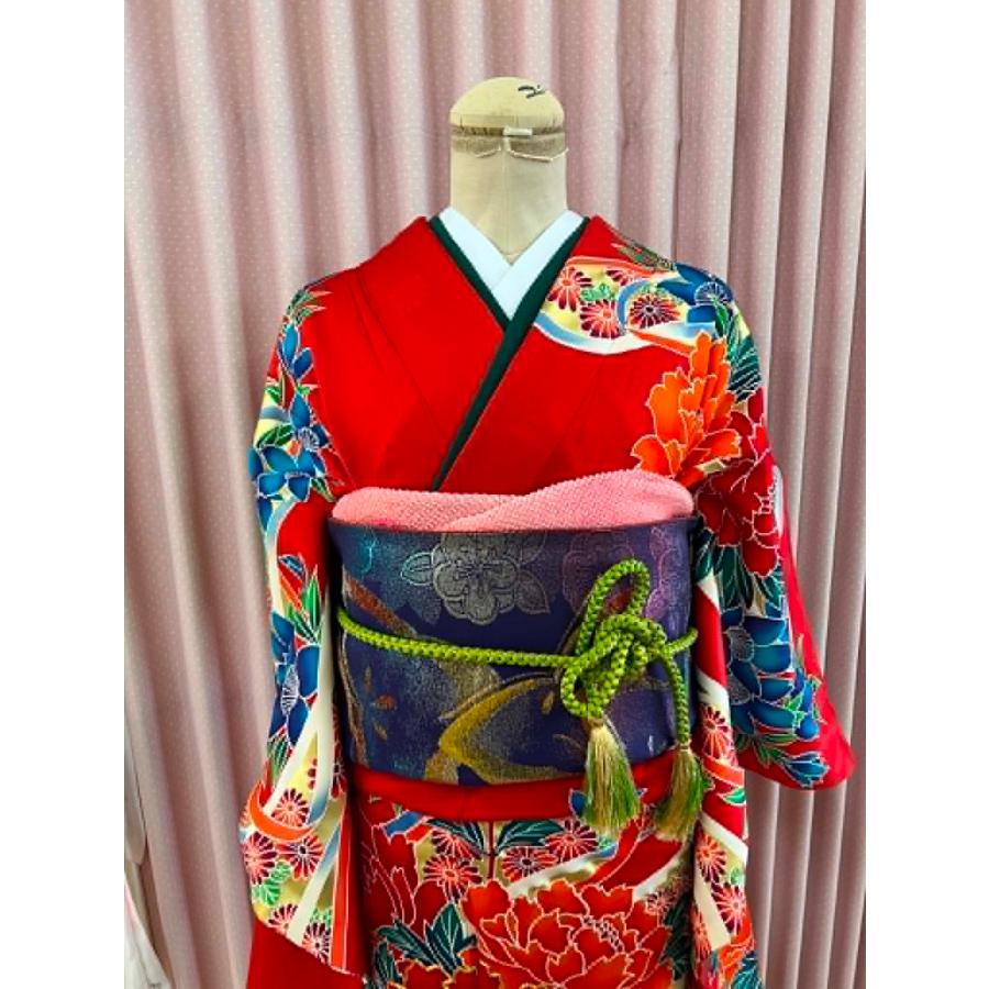 貸衣装処分品 赤 花柄 振袖 成人式結納 パーティ 正絹 成人式 フル 