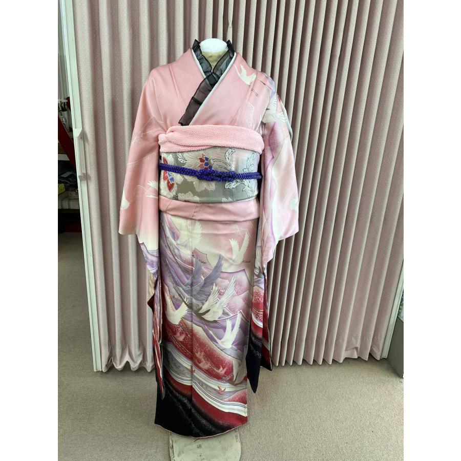 貸衣装処分品　振袖　正絹流れ模様に洋花 ピンク 流れ模様 アレンジ 成人式 フルセット | 
