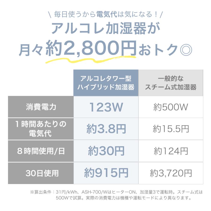 アルコレ AL COLLE タワー型 ハイブリッド加湿器 ASH-700/W | タワー型加湿器 おしゃれ 大容量 7.5L 長時間 加熱超音波式 加湿機 ASH700W||| | アルコレ | 06