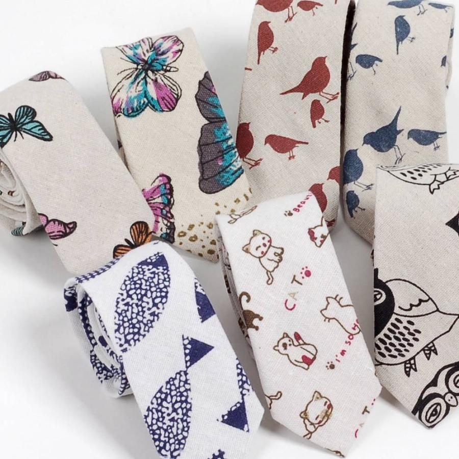 ネクタイ メンズ 生き物 猫、鳥、蝶 リネン コットン素材 おしゃれ 淡い色合いの感じ 自然モチーフ 大剣幅 6cm スリム・ナロータイ | 
