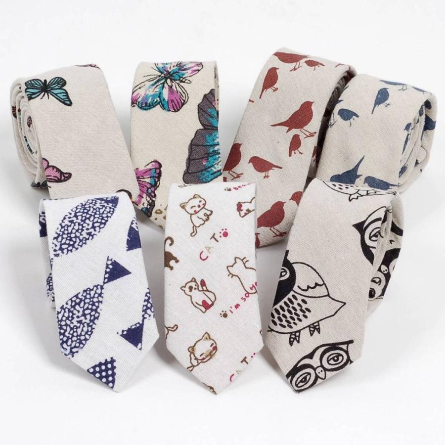 ネクタイ メンズ 生き物 猫、鳥、蝶 リネン コットン素材 おしゃれ 淡い色合いの感じ 自然モチーフ 大剣幅 6cm スリム・ナロータイ |  | 08