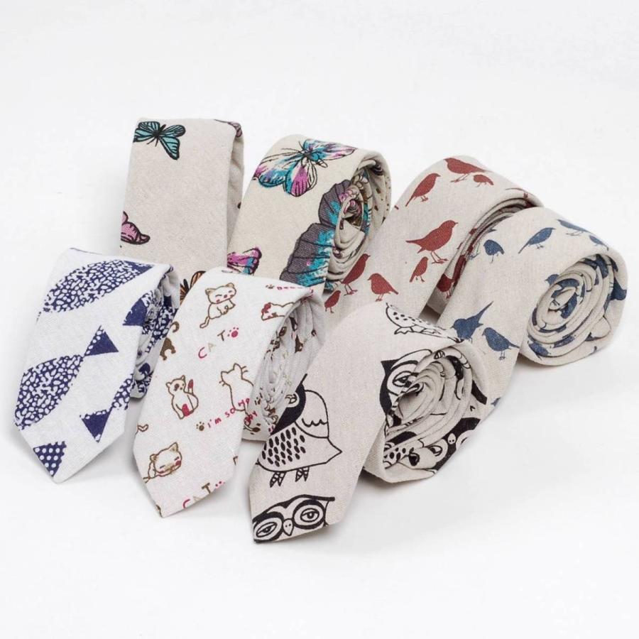 ネクタイ メンズ 生き物 猫、鳥、蝶 リネン コットン素材 おしゃれ 淡い色合いの感じ 自然モチーフ 大剣幅 6cm スリム・ナロータイ |  | 09