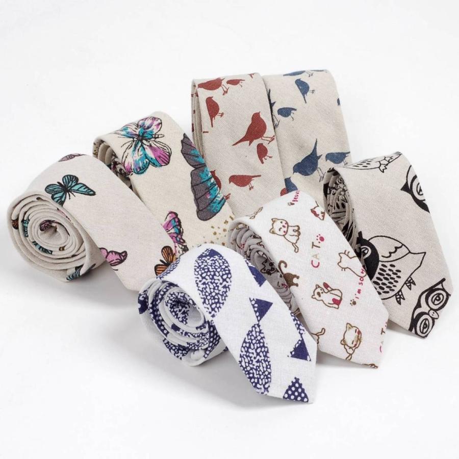 ネクタイ メンズ 生き物 猫、鳥、蝶 リネン コットン素材 おしゃれ 淡い色合いの感じ 自然モチーフ 大剣幅 6cm スリム・ナロータイ |  | 10