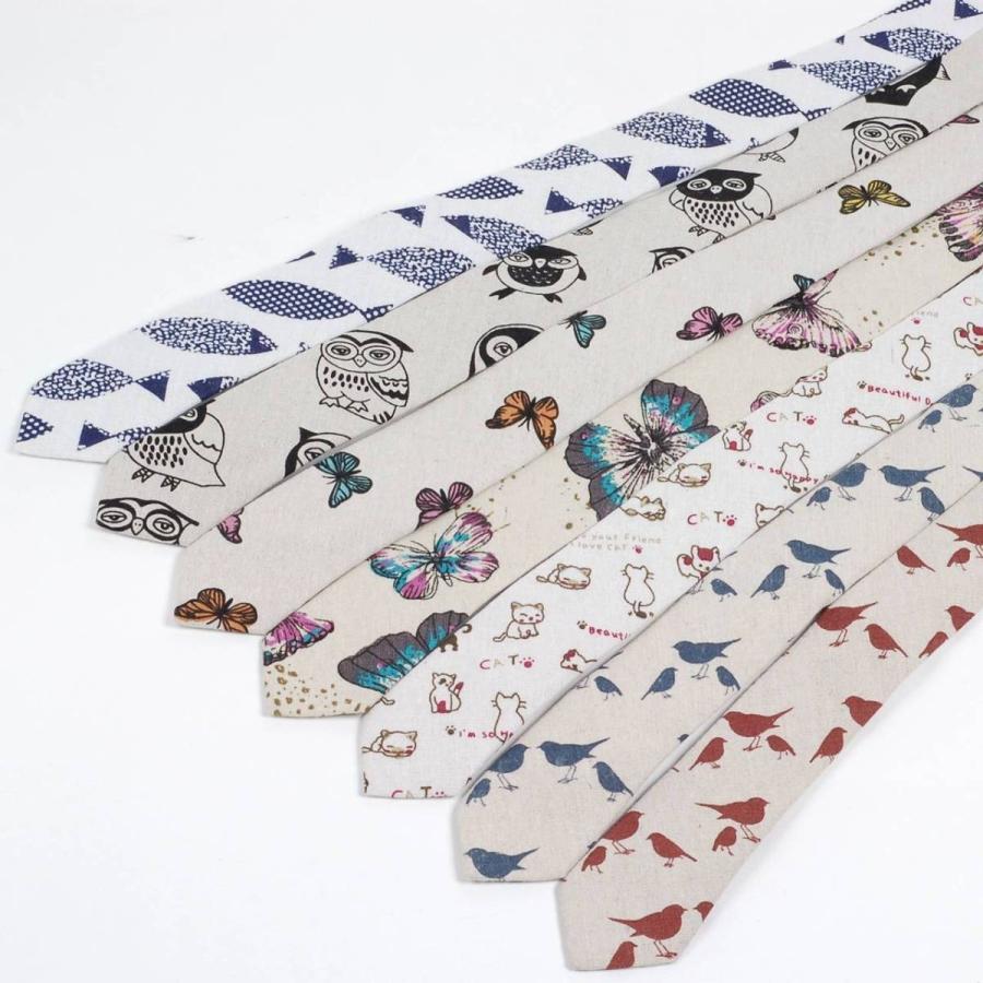 ネクタイ メンズ 生き物 猫、鳥、蝶 リネン コットン素材 おしゃれ 淡い色合いの感じ 自然モチーフ 大剣幅 6cm スリム・ナロータイ |  | 11