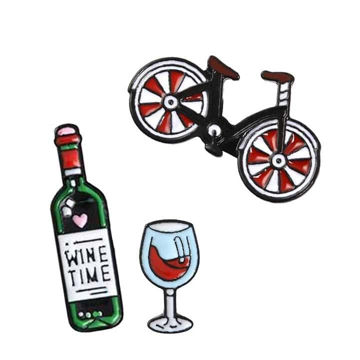 ピンバッジ ブローチ ワイン 瓶とグラスセット 自転車 メンズ レディース ラペルピン バッジ アクセサリー、送料込み、送料無料 | 
