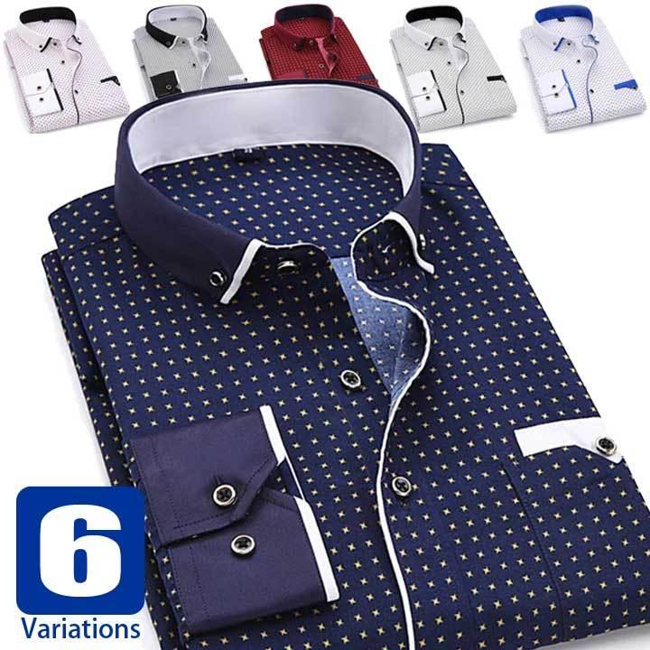 ドレスシャツ メンズ カジュアル ワイシャツ ボタンダウン 長袖 ややスリムフィット 滑らかでソフトな生地 ゴールドリング飾りボタン ６種類 在庫限り 胸ポケット