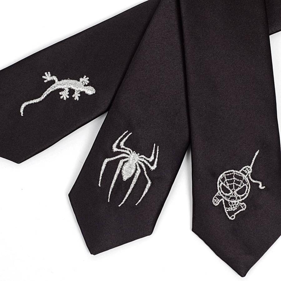 ネクタイ メンズ スリム ナロータイ 白 刺繍 クモ ヤモリ スパイダーマン モチーフ ブラック 黒 無地 ワンポイント デザイン 大剣幅 5cm 3種 | 