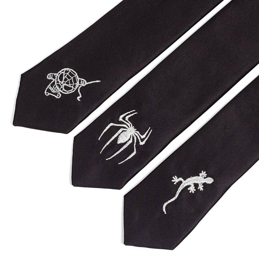 ネクタイ メンズ スリム ナロータイ 白 刺繍 クモ ヤモリ