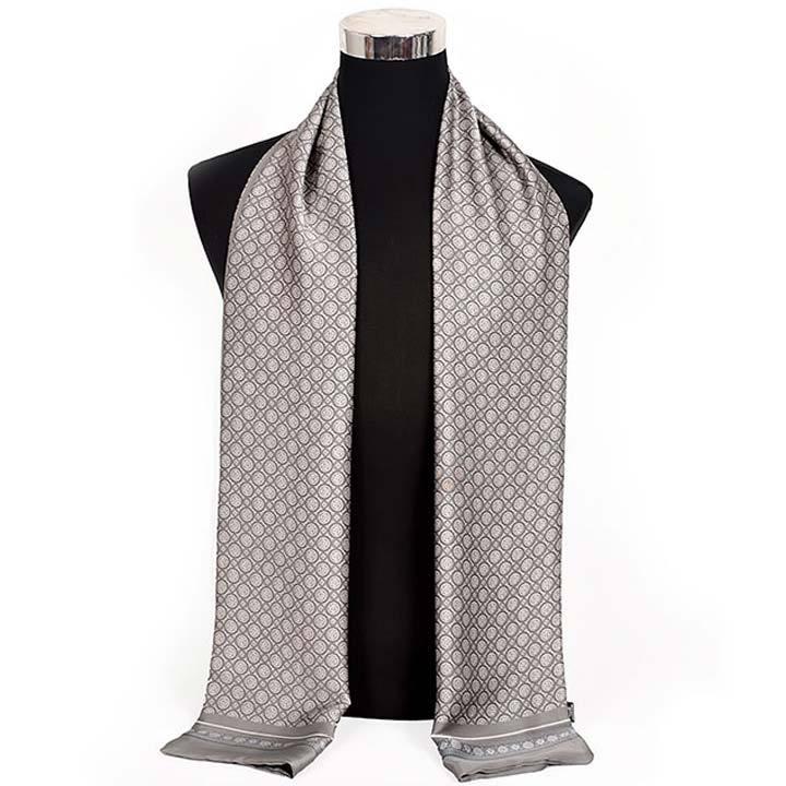 ストール 細長 マフラー メンズ ネック スカーフ シルクタッチ ネイビー、グレー 2色 円、丸パターン デザイン ソフト スカーフ 2枚重ね縫い |  | 04
