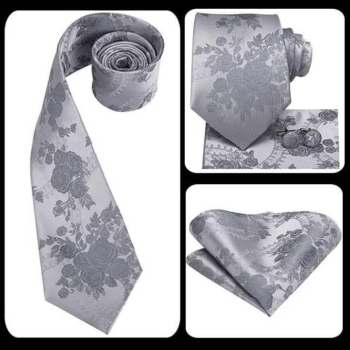ネクタイ ポケットチーフ カフスボタン 3点セット メンズ シルク タイ チーフ カフス グレー、ホワイト・ペイズリー柄 4柄 |  | 09