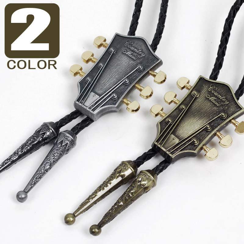 ループタイ ボロタイ 音楽 ギター ネック モチーフ ペンダント 紳士用 ジュエリー メンズアクセサリー 革紐付き ロープタイ ロック付き シルバー ゴールド ２色 | 